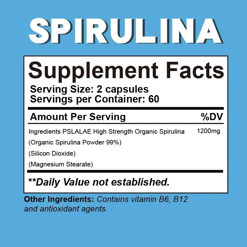 Capsules de spiruline biologique – Aide à la désintoxication, soutient la santé du système immunitaire, antioxydant, augmente l'énergie